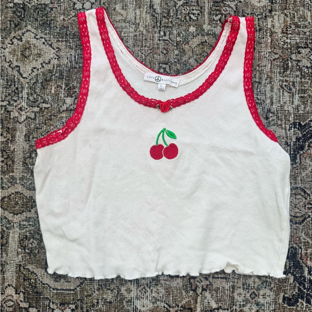 White Tank Top with Red Cherry Design